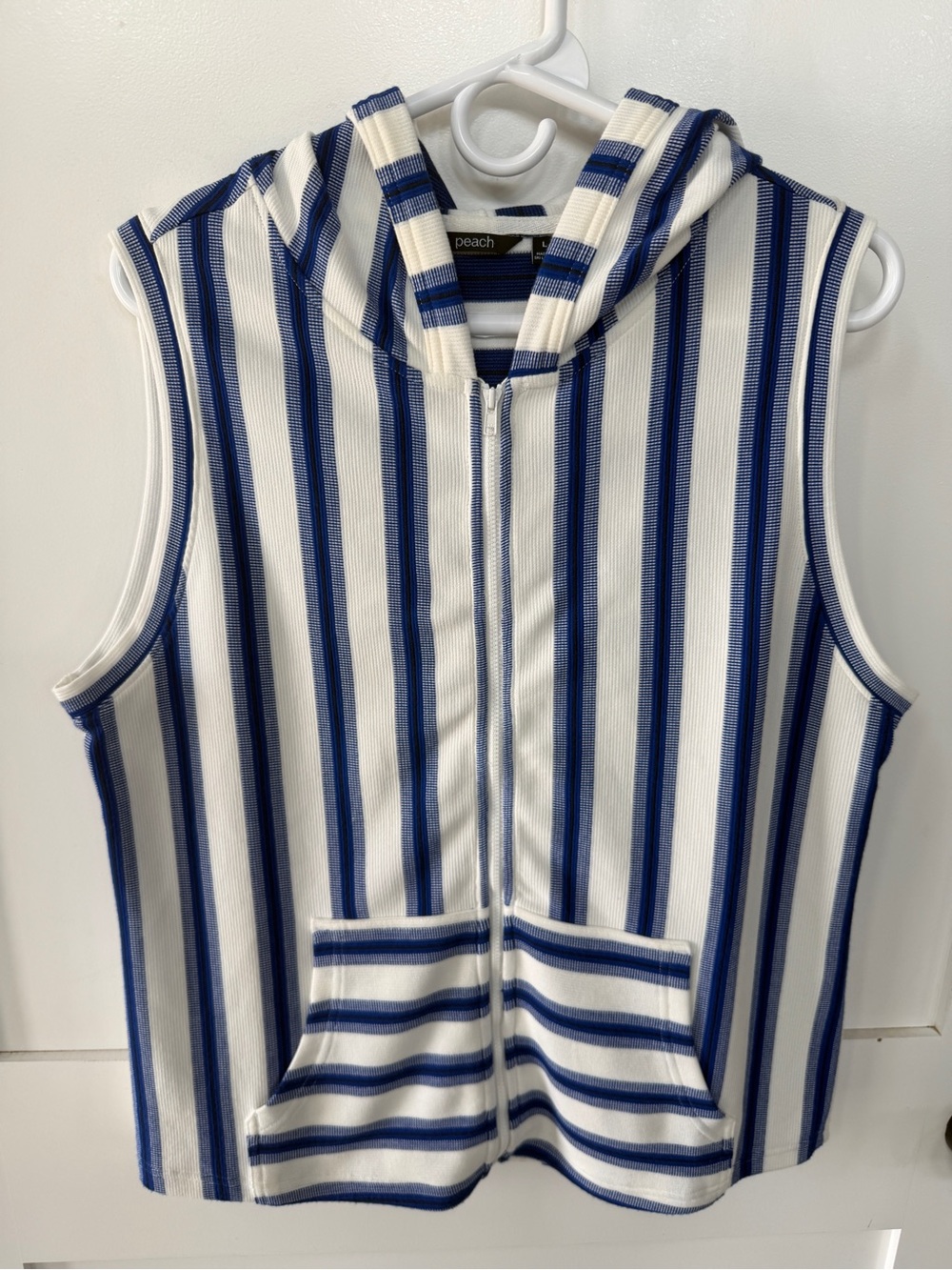 Peach L Blue & White Striped Hooded Sleeveless zip vest